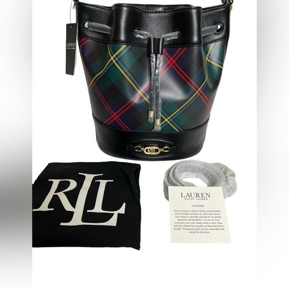 Ralph Lauren Andie Bucket Drawstring Plaid Leather Crossbody Bag - Picture 9 of 17